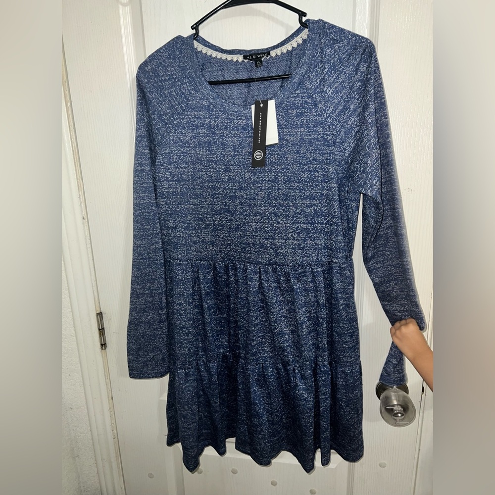 As U Wish Heathered Blue Long Sleeve Dress